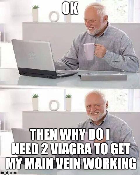 Hide the Pain Harold Meme | OK THEN WHY DO I NEED 2 VIAGRA TO GET MY MAIN VEIN WORKING | image tagged in memes,hide the pain harold | made w/ Imgflip meme maker
