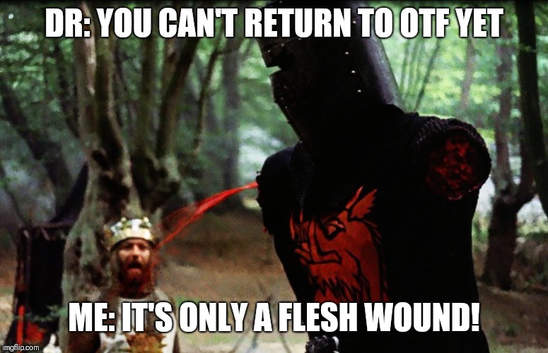 Monty Python Black Knight | DR: YOU CAN'T RETURN TO OTF YET; ME: IT'S ONLY A FLESH WOUND! | image tagged in monty python black knight | made w/ Imgflip meme maker