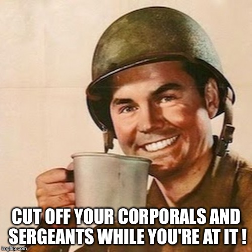 Coffee Soldier | CUT OFF YOUR CORPORALS AND SERGEANTS WHILE YOU'RE AT IT ! | image tagged in coffee soldier | made w/ Imgflip meme maker