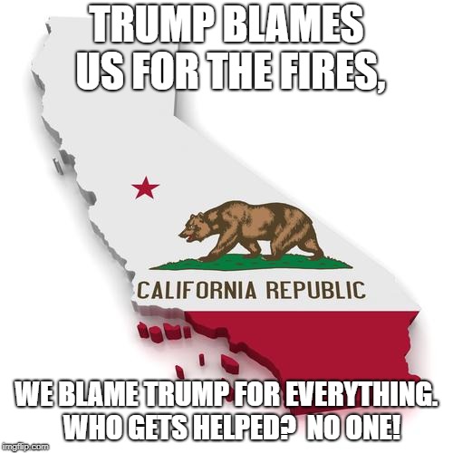 We've lost our focus | TRUMP BLAMES US FOR THE FIRES, WE BLAME TRUMP FOR EVERYTHING.  WHO GETS HELPED?  NO ONE! | image tagged in california,wildfires,donald trump,political meme,democrats,republicans | made w/ Imgflip meme maker