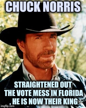 Need something in Florida ? Talk to Chuck | CHUCK NORRIS; STRAIGHTENED OUT THE VOTE MESS IN FLORIDA , HE IS NOW THEIR KING | image tagged in memes,chuck norris,meanwhile in florida,king of the hill,well done,save the earth | made w/ Imgflip meme maker