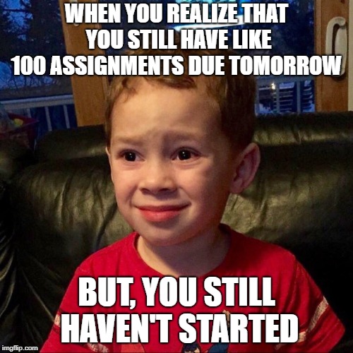 meme | WHEN YOU REALIZE THAT YOU STILL HAVE LIKE 100 ASSIGNMENTS DUE TOMORROW; BUT, YOU STILL HAVEN'T STARTED | image tagged in meme | made w/ Imgflip meme maker