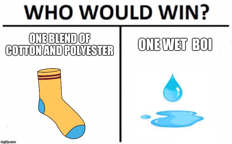 Who Would Win? Meme | ONE BLEND OF COTTON AND POLYESTER; ONE WET  BOI | image tagged in memes,who would win,meme,funny memes,funny meme,relatable | made w/ Imgflip meme maker