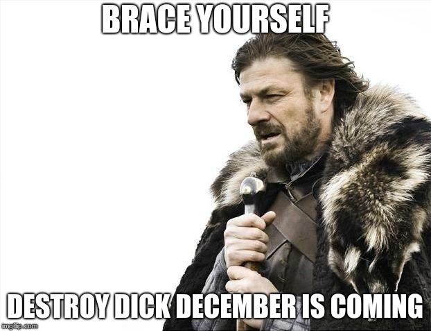 Brace Yourselves X is Coming Meme | BRACE YOURSELF; DESTROY DICK DECEMBER IS COMING | image tagged in memes,brace yourselves x is coming | made w/ Imgflip meme maker