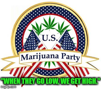 U.S. Pot Party | "WHEN THEY GO LOW, WE GET HIGH." | image tagged in marijuana,medical marijuana,political party,politics,liberty,prohibition | made w/ Imgflip meme maker