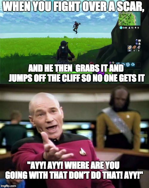W.H.Y? |  WHEN YOU FIGHT OVER A SCAR, AND HE THEN  GRABS IT AND JUMPS OFF THE CLIFF SO NO ONE GETS IT; "AYY! AYY! WHERE ARE YOU GOING WITH THAT DON'T DO THAT! AYY!" | image tagged in fortnite,fortnite meme,man jumping off a cliff,jumping,jump,goodbye | made w/ Imgflip meme maker