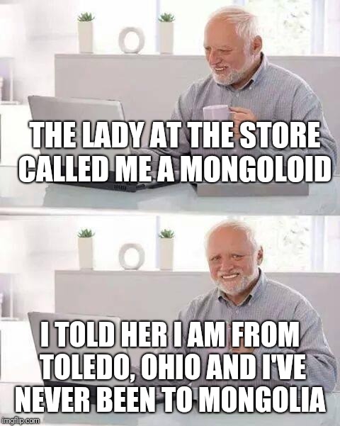 Toledo Ohio home of weirdos | THE LADY AT THE STORE CALLED ME A MONGOLOID; I TOLD HER I AM FROM TOLEDO, OHIO AND I'VE NEVER BEEN TO MONGOLIA | image tagged in memes,hide the pain harold | made w/ Imgflip meme maker