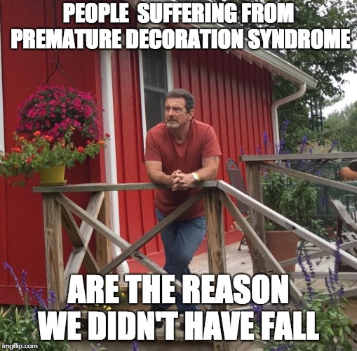 Pondering |  PEOPLE  SUFFERING FROM PREMATURE DECORATION SYNDROME; ARE THE REASON WE DIDN'T HAVE FALL | image tagged in pondering | made w/ Imgflip meme maker
