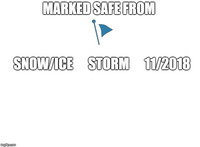 Marked Safe | MARKED SAFE FROM; SNOW/ICE      STORM      11/2018 | image tagged in marked safe | made w/ Imgflip meme maker