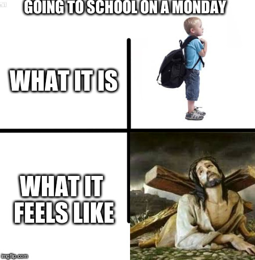GOING TO SCHOOL ON A MONDAY; WHAT IT IS; WHAT IT FEELS LIKE | image tagged in fun,school | made w/ Imgflip meme maker