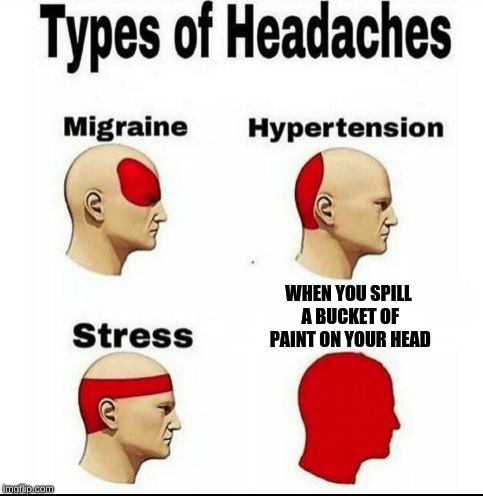 Be Me | WHEN YOU SPILL A BUCKET OF PAINT ON YOUR HEAD | image tagged in types of headaches meme,meme,memes,funny meme,funny memes,funny | made w/ Imgflip meme maker