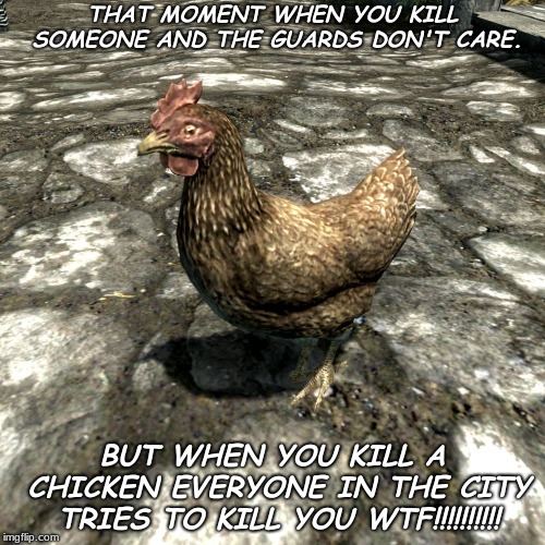 Skyrim Chicken | THAT MOMENT WHEN YOU KILL SOMEONE AND THE GUARDS DON'T CARE. BUT WHEN YOU KILL A CHICKEN EVERYONE IN THE CITY TRIES TO KILL YOU WTF!!!!!!!!!! | image tagged in skyrim chicken | made w/ Imgflip meme maker