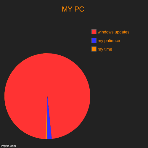 MY PC | my time, my patience, windows updates | image tagged in funny,pie charts | made w/ Imgflip chart maker