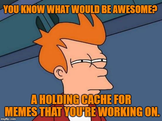 Futurama Fry Meme | YOU KNOW WHAT WOULD BE AWESOME? A HOLDING CACHE FOR MEMES THAT YOU'RE WORKING ON. | image tagged in memes,futurama fry | made w/ Imgflip meme maker