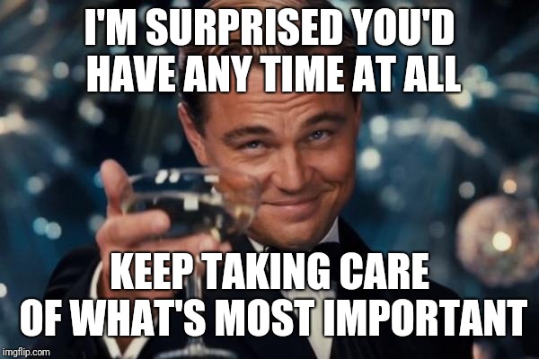 Leonardo Dicaprio Cheers Meme | I'M SURPRISED YOU'D HAVE ANY TIME AT ALL KEEP TAKING CARE OF WHAT'S MOST IMPORTANT | image tagged in memes,leonardo dicaprio cheers | made w/ Imgflip meme maker
