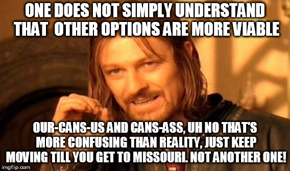 One Does Not Simply Meme | ONE DOES NOT SIMPLY UNDERSTAND THAT  OTHER OPTIONS ARE MORE VIABLE OUR-CANS-US AND CANS-ASS, UH NO THAT'S MORE CONFUSING THAN REALITY, JUST  | image tagged in memes,one does not simply | made w/ Imgflip meme maker