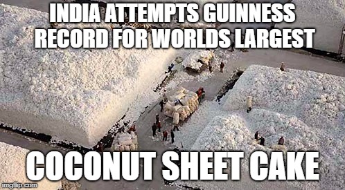 World Largest Layer Cake  | INDIA ATTEMPTS GUINNESS RECORD FOR WORLDS LARGEST; COCONUT SHEET CAKE | image tagged in baking,cooking,hungry,eating healthy,food,wedding | made w/ Imgflip meme maker