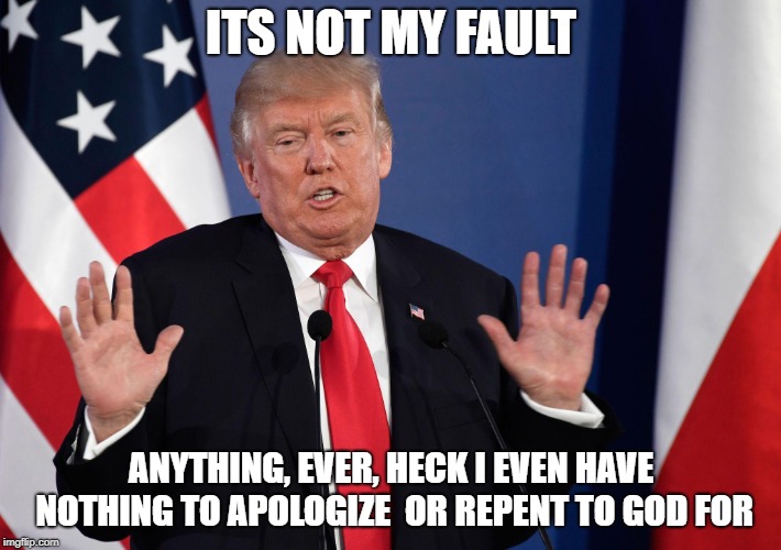 Trump Not Me | ITS NOT MY FAULT ANYTHING, EVER, HECK I EVEN HAVE NOTHING TO APOLOGIZE  OR REPENT TO GOD FOR | image tagged in trump not me | made w/ Imgflip meme maker