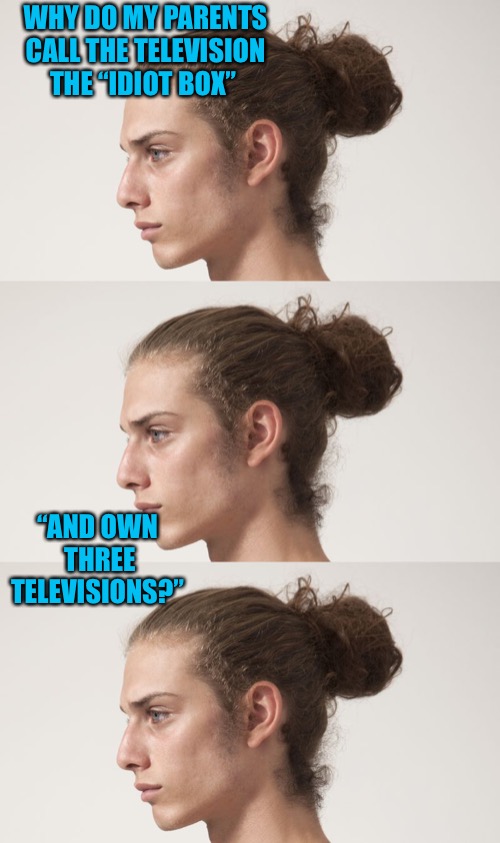 Idiot Boxes  | WHY DO MY PARENTS CALL THE TELEVISION THE “IDIOT BOX”; “AND OWN THREE TELEVISIONS?” | image tagged in idiots,tv shows,sad,man bun,cuck,college liberal | made w/ Imgflip meme maker