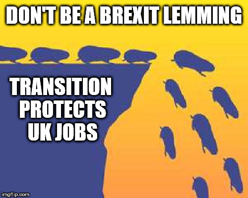 Don't be a brexit lemming | DON'T BE A BREXIT LEMMING; TRANSITION PROTECTS UK JOBS | image tagged in brexit,remain,eu,brexiteer,mrs may chequers,boris ress-mogg | made w/ Imgflip meme maker