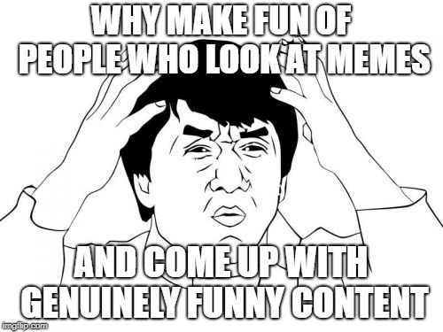 Jackie Chan WTF Meme | WHY MAKE FUN OF PEOPLE WHO LOOK AT MEMES AND COME UP WITH GENUINELY FUNNY CONTENT | image tagged in memes,jackie chan wtf | made w/ Imgflip meme maker