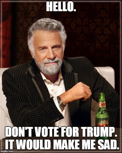 The Most Interesting Man In The World Meme | HELLO. DON'T VOTE FOR TRUMP. IT WOULD MAKE ME SAD. | image tagged in memes,the most interesting man in the world | made w/ Imgflip meme maker