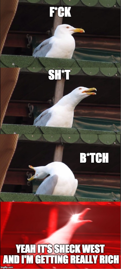 Inhaling Seagull | F*CK; SH*T; B*TCH; YEAH IT'S SHECK WEST AND I'M GETTING REALLY RICH | image tagged in memes,inhaling seagull | made w/ Imgflip meme maker