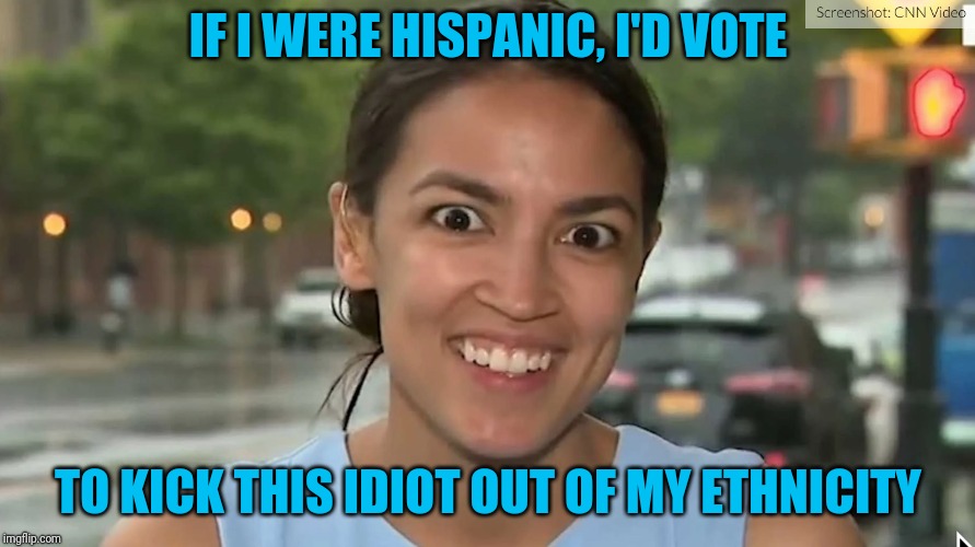 If she's homeless, does she become a Congresswoman At Large? | IF I WERE HISPANIC, I'D VOTE; TO KICK THIS IDIOT OUT OF MY ETHNICITY | image tagged in alexandria ocasio-cortez | made w/ Imgflip meme maker
