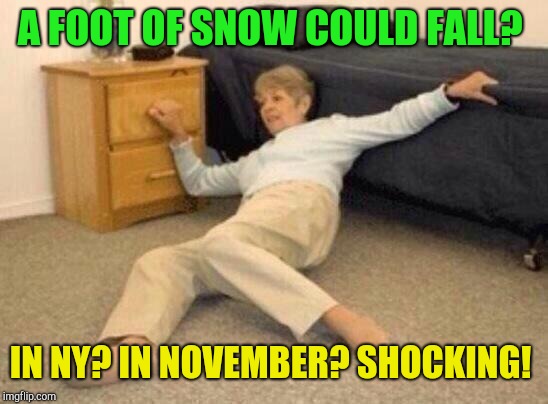 November snow?  Noooo!  | A FOOT OF SNOW COULD FALL? IN NY? IN NOVEMBER? SHOCKING! | image tagged in woman falling in shock,snow | made w/ Imgflip meme maker