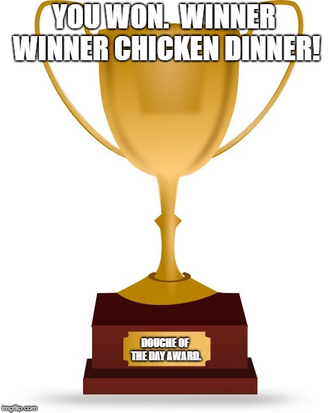 Blank Trophy | YOU WON.  WINNER WINNER CHICKEN DINNER! DOUCHE OF THE DAY AWARD. | image tagged in blank trophy | made w/ Imgflip meme maker