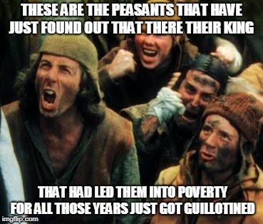 Python peasants | THESE ARE THE PEASANTS THAT HAVE JUST FOUND OUT THAT THERE THEIR KING; THAT HAD LED THEM INTO POVERTY FOR ALL THOSE YEARS JUST GOT GUILLOTINED | image tagged in python peasants | made w/ Imgflip meme maker