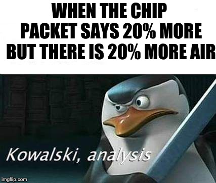 kowalski, analysis | WHEN THE CHIP PACKET SAYS 20% MORE BUT THERE IS 20% MORE AIR | image tagged in kowalski analysis | made w/ Imgflip meme maker