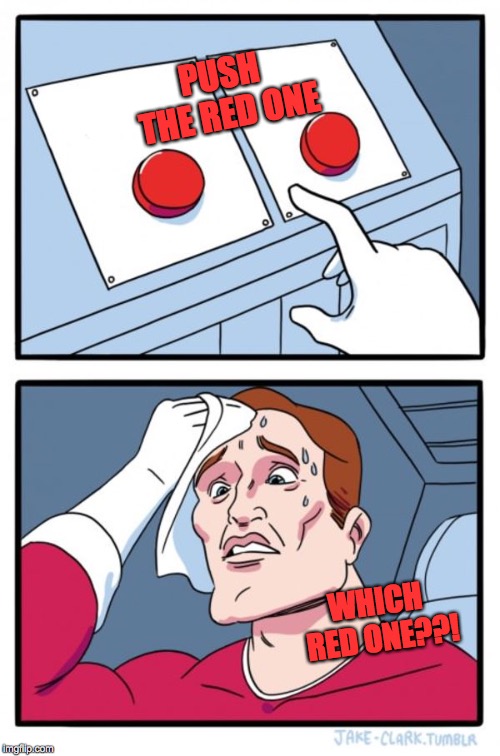 Two Buttons | PUSH THE RED ONE; WHICH RED ONE??! | image tagged in memes,two buttons | made w/ Imgflip meme maker