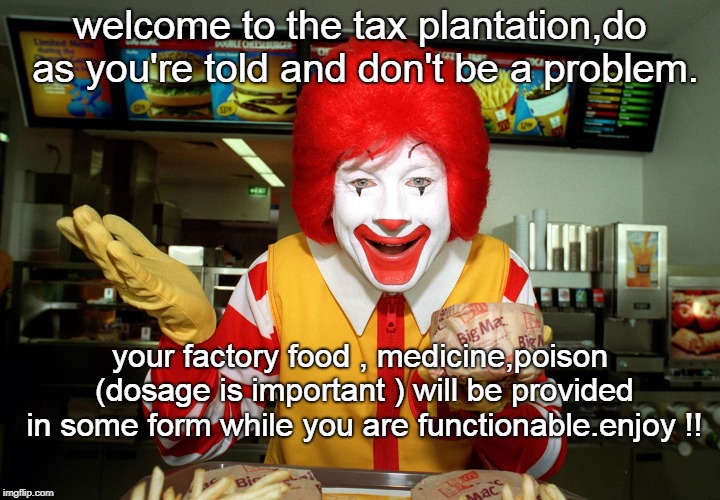 be it food,poison,medicine or politics.dosage makes the difference. | welcome to the tax plantation,do as you're told and don't be a problem. your factory food , medicine,poison (dosage is important ) will be provided in some form while you are functionable.enjoy !! | image tagged in tax plantation,ronald mcscam,at least imgflip is english | made w/ Imgflip meme maker