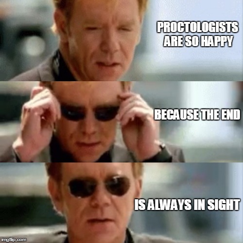 Horatio | PROCTOLOGISTS ARE SO HAPPY; BECAUSE THE END; IS ALWAYS IN SIGHT | image tagged in horatio | made w/ Imgflip meme maker
