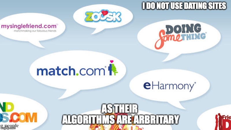 Dating Sites | I DO NOT USE DATING SITES; AS THEIR ALGORITHMS ARE ARBRITARY | image tagged in memes,online dating | made w/ Imgflip meme maker