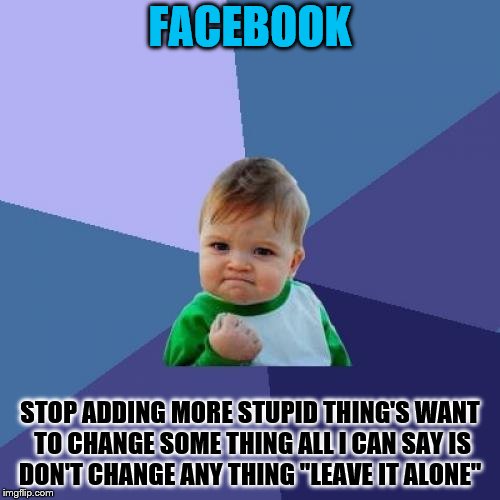 Success Kid Meme |  FACEBOOK; STOP ADDING MORE STUPID THING'S WANT TO CHANGE SOME THING ALL I CAN SAY IS DON'T CHANGE ANY THING ''LEAVE IT ALONE'' | image tagged in memes,success kid | made w/ Imgflip meme maker