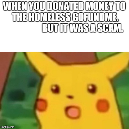 Surprised Pikachu Meme | WHEN YOU DONATED MONEY TO THE HOMELESS GOFUNDME. 


















BUT IT WAS A SCAM. | image tagged in memes,surprised pikachu | made w/ Imgflip meme maker