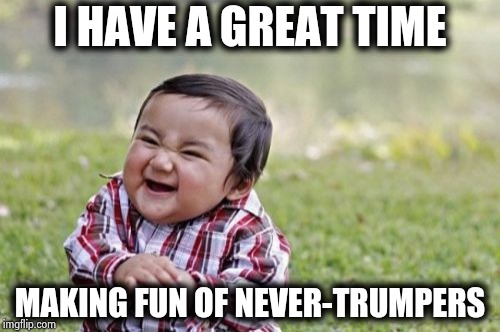 Evil Toddler Meme | I HAVE A GREAT TIME MAKING FUN OF NEVER-TRUMPERS | image tagged in memes,evil toddler | made w/ Imgflip meme maker