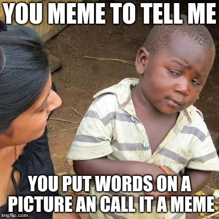 Third World Skeptical Kid | YOU MEME TO TELL ME; YOU PUT WORDS ON A PICTURE AN CALL IT A MEME | image tagged in memes,third world skeptical kid | made w/ Imgflip meme maker
