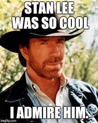 Whew, that's a pretty good thing to be admired by Chuck Norris. | STAN LEE WAS SO COOL; I ADMIRE HIM. | image tagged in memes,chuck norris,stan lee | made w/ Imgflip meme maker