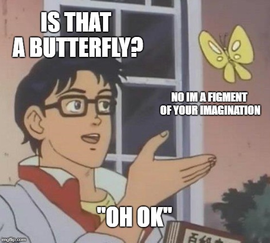 Is This A Pigeon | IS THAT A BUTTERFLY? NO IM A FIGMENT OF YOUR IMAGINATION; "OH OK" | image tagged in memes,is this a pigeon | made w/ Imgflip meme maker