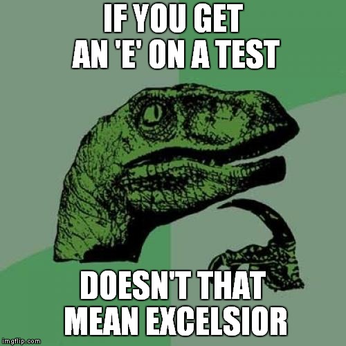 Philosoraptor Meme | IF YOU GET AN 'E' ON A TEST; DOESN'T THAT MEAN EXCELSIOR | image tagged in memes,philosoraptor | made w/ Imgflip meme maker