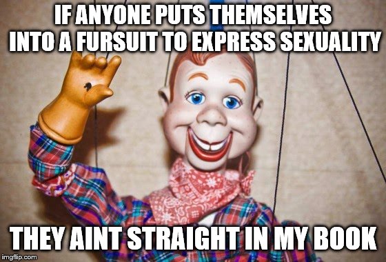 Howdy Doody | IF ANYONE PUTS THEMSELVES INTO A FURSUIT TO EXPRESS SEXUALITY THEY AINT STRAIGHT IN MY BOOK | image tagged in howdy doody | made w/ Imgflip meme maker