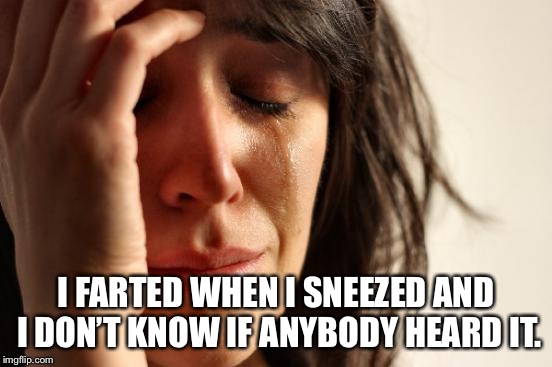 First World Problems | I FARTED WHEN I SNEEZED AND I DON’T KNOW IF ANYBODY HEARD IT. | image tagged in memes,first world problems | made w/ Imgflip meme maker