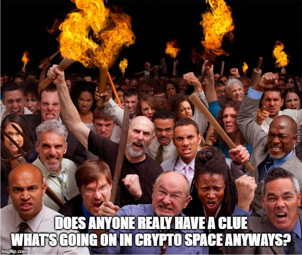 Pitch forks and torches | DOES ANYONE REALY HAVE A CLUE WHAT'S GOING ON IN CRYPTO SPACE ANYWAYS? | image tagged in pitch forks and torches | made w/ Imgflip meme maker