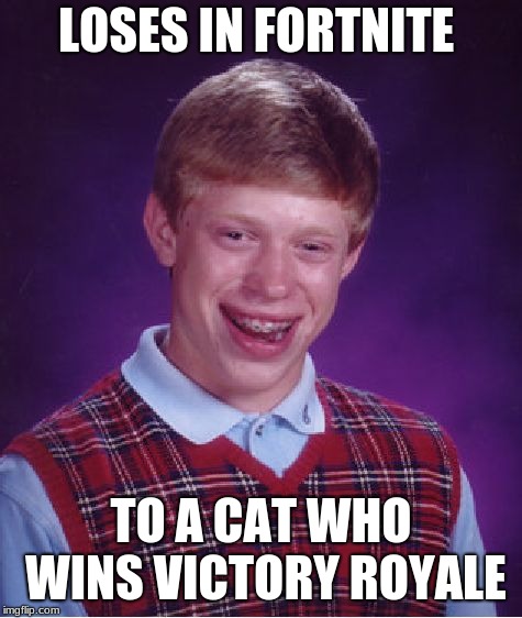 Bad Luck Brian | LOSES IN FORTNITE; TO A CAT WHO WINS VICTORY ROYALE | image tagged in memes,bad luck brian | made w/ Imgflip meme maker