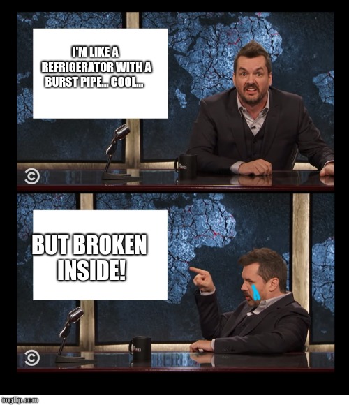 but broken inside! | I'M LIKE A REFRIGERATOR WITH A BURST PIPE... COOL... BUT BROKEN INSIDE! | image tagged in newscaster jim jefferies two panel blank,but broken inside | made w/ Imgflip meme maker