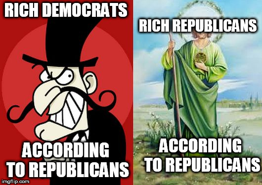 Double Standard | RICH DEMOCRATS; RICH REPUBLICANS; ACCORDING TO REPUBLICANS; ACCORDING TO REPUBLICANS | image tagged in good and evil,rich,democrat,republican,democrats,republicans | made w/ Imgflip meme maker