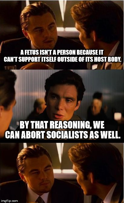 Abort socialists/liberals. They're parasites. | A FETUS ISN'T A PERSON BECAUSE IT CAN'T SUPPORT ITSELF OUTSIDE OF ITS HOST BODY. BY THAT REASONING, WE CAN ABORT SOCIALISTS AS WELL. | image tagged in memes,inception,abortion,socialism | made w/ Imgflip meme maker